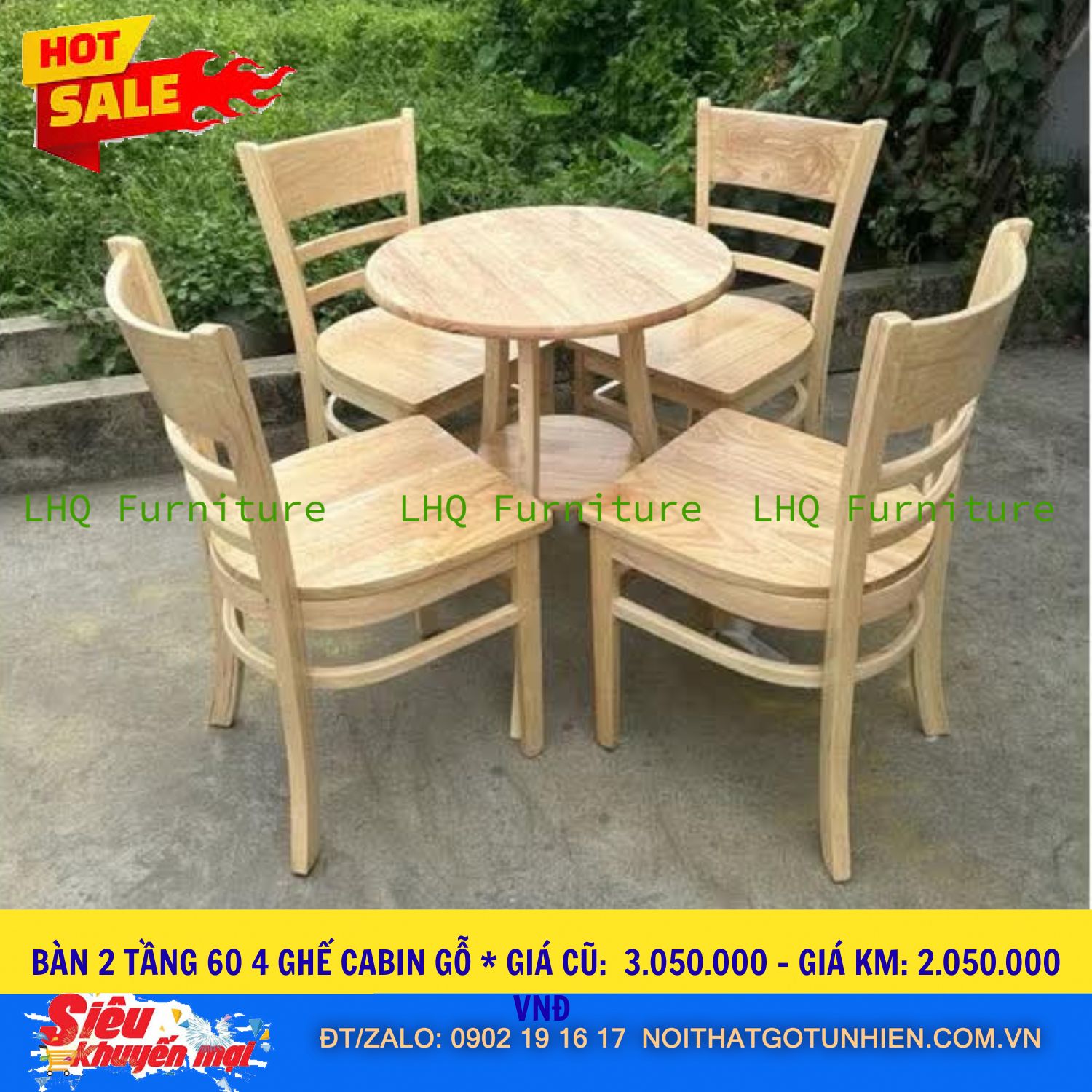 Bộ bàn 4 ghế Cabin mặt gỗ bàn 2 tầng tròn 60cm – Màu tự nhiên – Ghế mặt gỗ chắc chắn