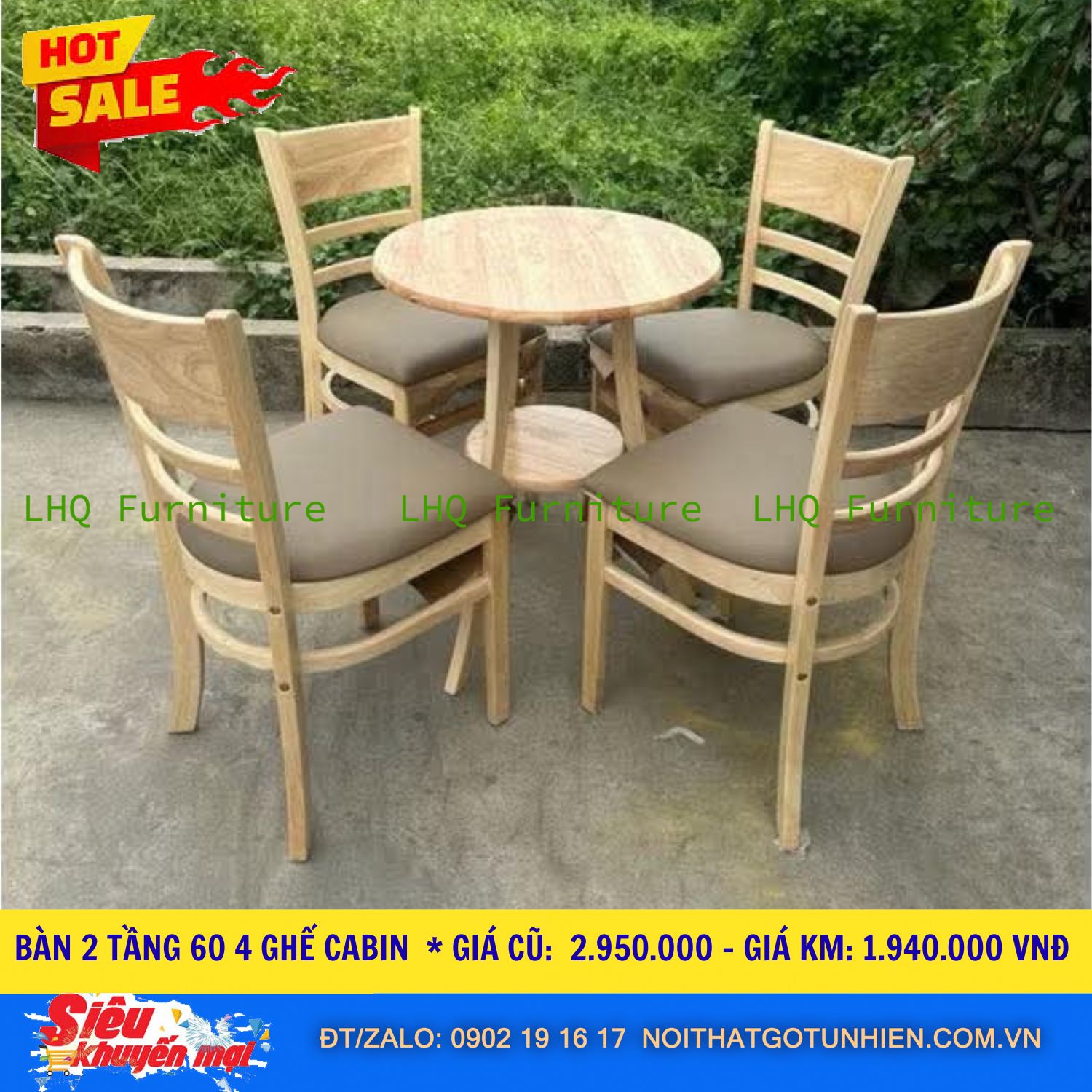 Bộ bàn 4 ghế Cabin bàn 2 tầng tròn 60cm – Màu gỗ tự nhiên – Nệm si Thái Lan êm ái