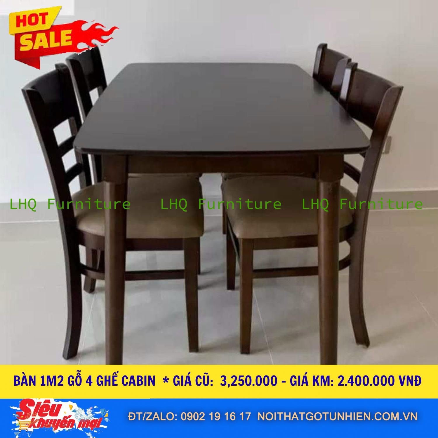 Bộ bàn ăn 1m2 4 ghế Cabin nệm – Bàn gỗ tự nhiên, ghế nệm êm ái