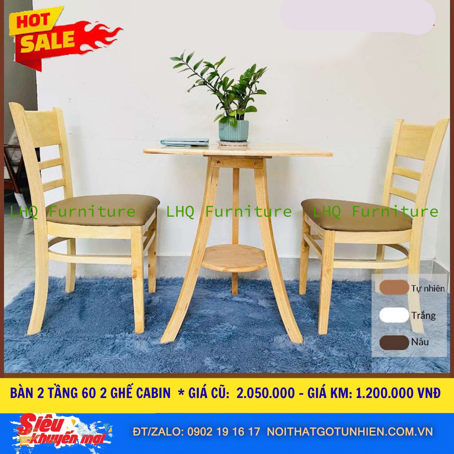 Bàn 2 Tầng 60cm Mặt Tròn + 2 Ghế Cabin – Màu Tự Nhiên – Giá sốc chỉ 1.200.000đ