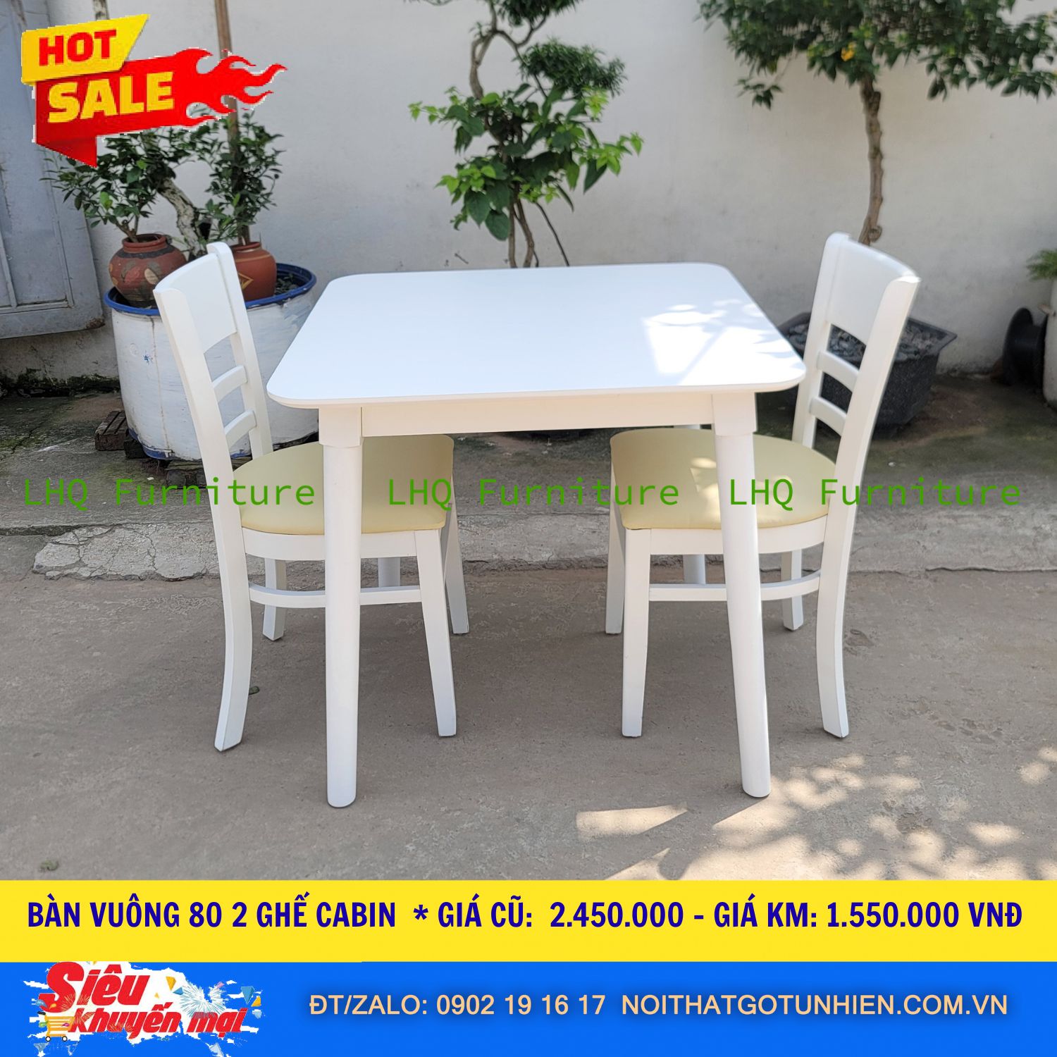 Bàn Vuông 80cm + 2 Ghế Cabin – Màu Trắng & Tự Nhiên – Giá chỉ 1.550.000đ