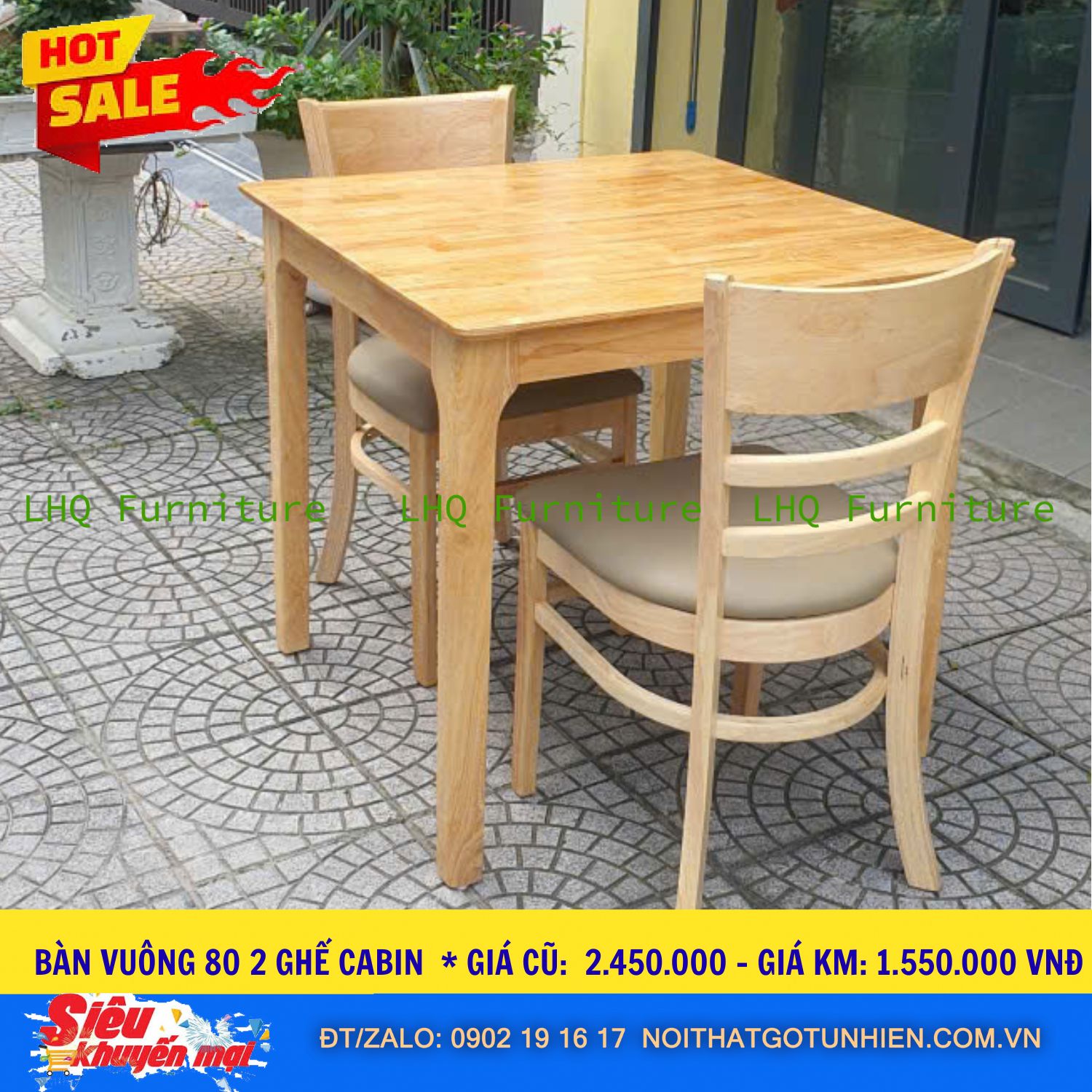Bàn Vuông 80cm + 2 Ghế Cabin – Màu Trắng & Tự Nhiên – Giá chỉ 1.550.000đ