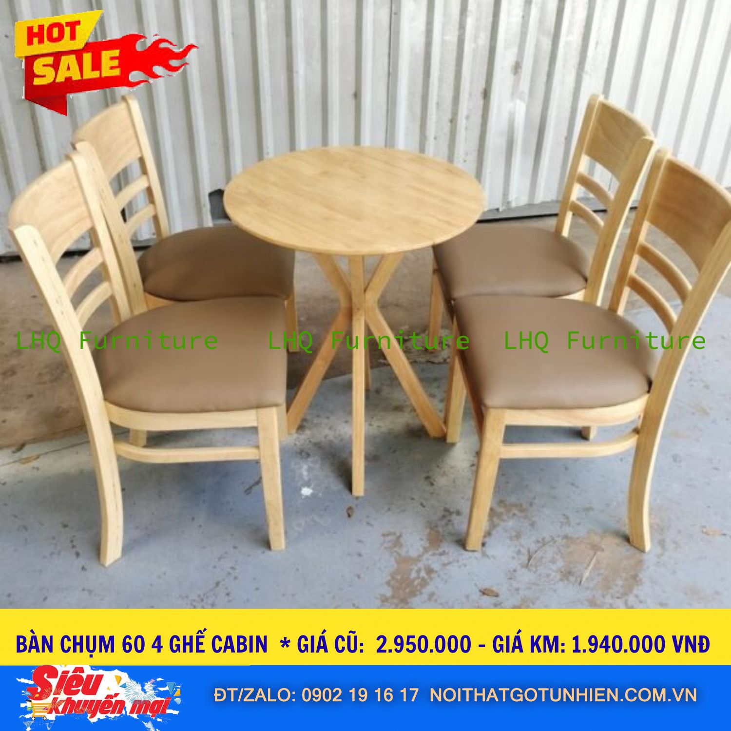 Bộ bàn 4 ghế Cabin bàn chân chụm tròn 60cm – Màu gỗ tự nhiên – Ghế nệm êm ái