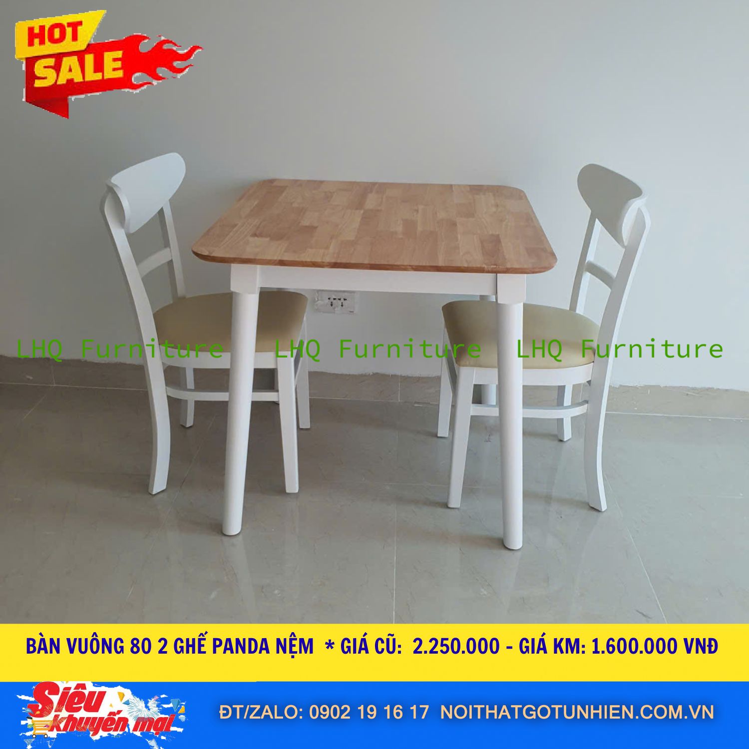 Bàn Vuông 80cm + 2 Ghế Panda Nệm – Rộng Rãi, Êm Ái – Giá chỉ 1.550.000đ