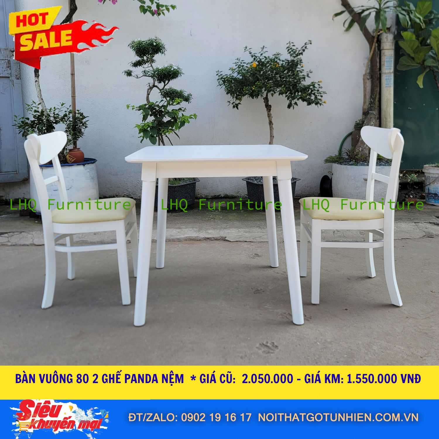 Bàn Vuông 80cm + 2 Ghế Panda Nệm – Rộng Rãi, Êm Ái – Giá chỉ 1.550.000đ