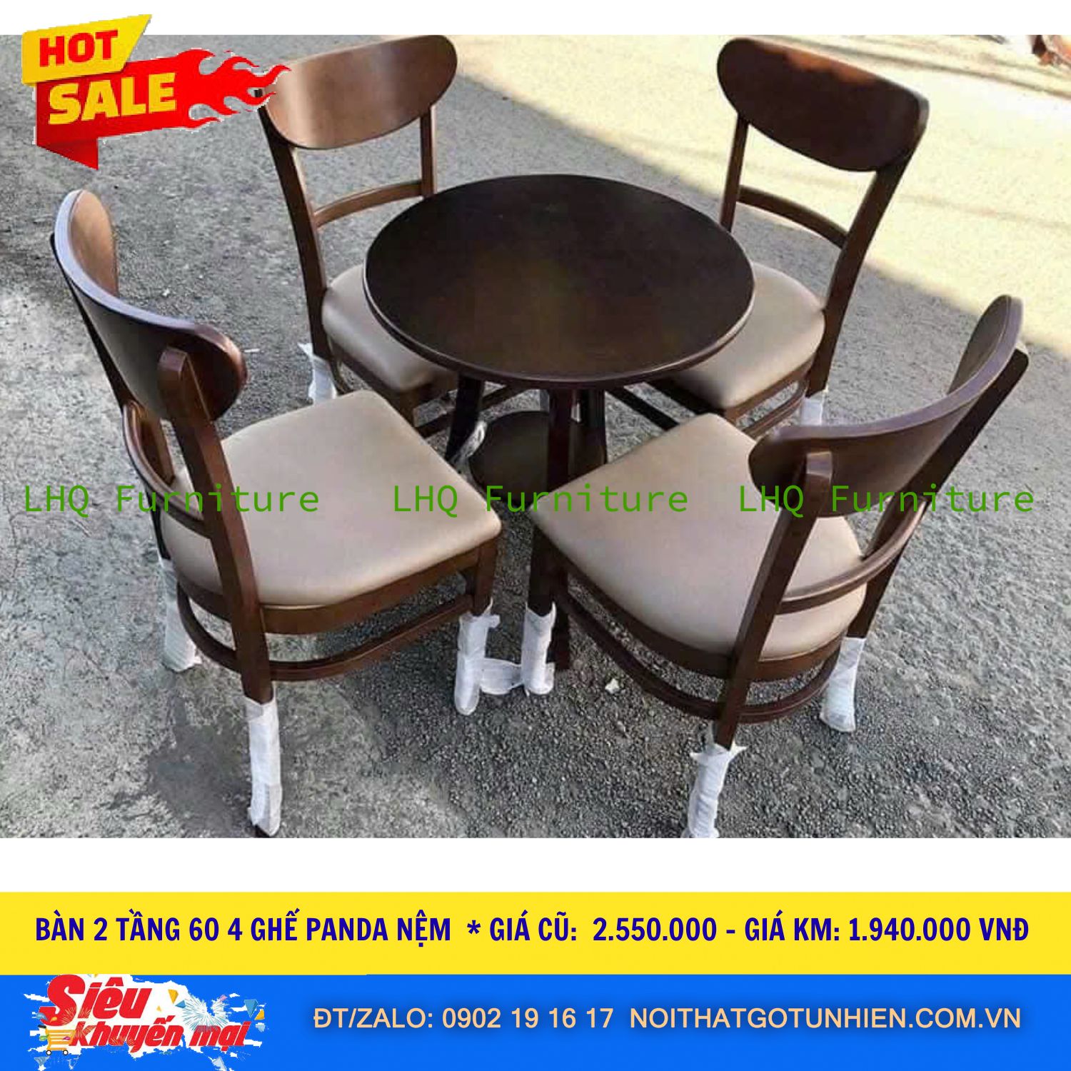 Bộ bàn 4 ghế Panda bàn 2 tầng tròn 60cm – Màu tự nhiên và walnut
