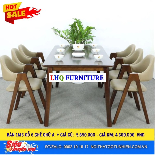 Bộ bàn ăn 6 ghế chữ A, bàn gỗ cao su tự nhiên 100%, sơn màu walnut – Giá chỉ 4.600.000đ