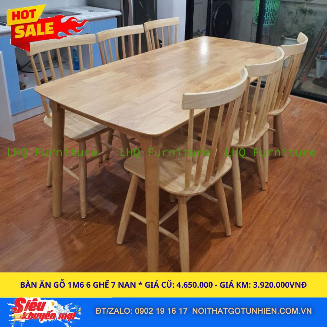 Bộ bàn ăn 6 ghế 7 nan – Bàn chân tròn 80x1m6x75cm – Giá chỉ 3.920.000đ tại LHQ Furniture