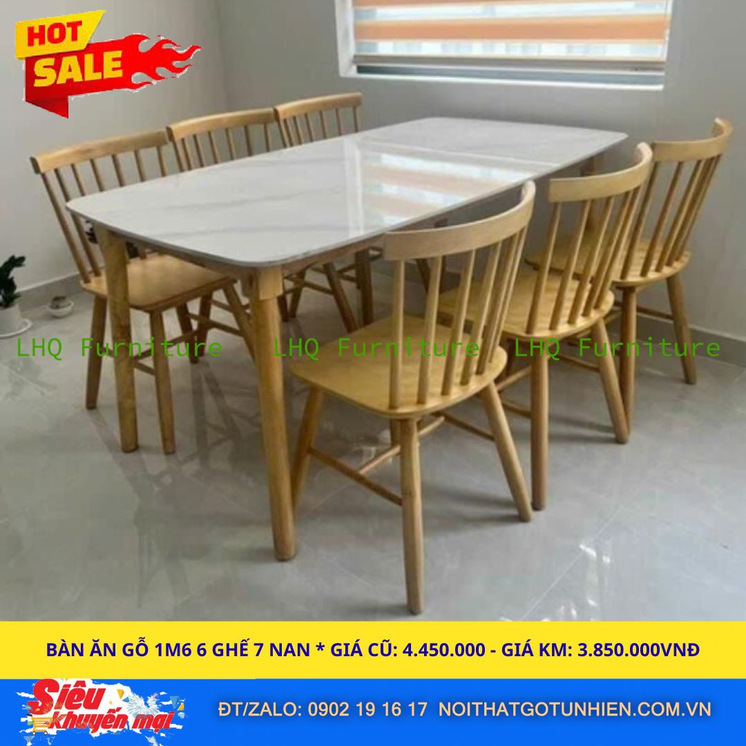 Bộ bàn ăn 6 ghế song tiện – ghế 7 nan sơn màu tự nhiên – Giá chỉ 3.850.000đ tại LHQ Furniture