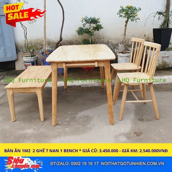 Bộ bàn ăn 2 ghế song tiện 1 ghế bench – Bàn 1m2 gỗ cao su tự nhiên – Nội Thất LHQ
