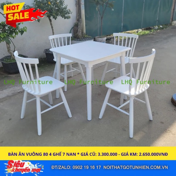 Bộ bàn ăn 4 ghế song tiện sơn trắng – Bàn chân tròn vuông 80cm – Nội Thất LHQ