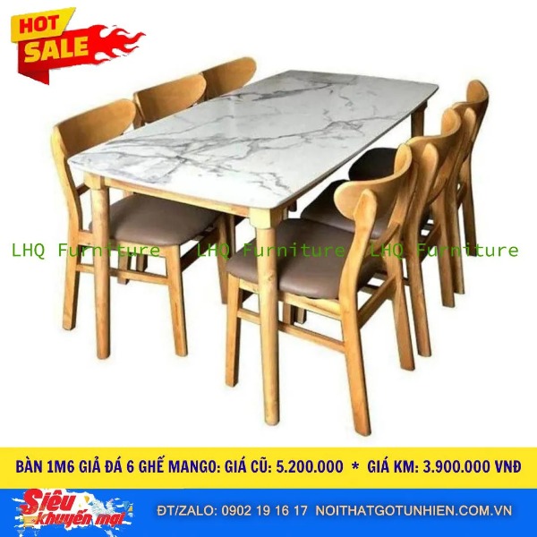 🔥 Siêu khuyến mãi – Bộ bàn ăn 6 ghế Mango mặt giả đá + ghế bọc nệm êm ái – Giá chỉ 3.900.000đ