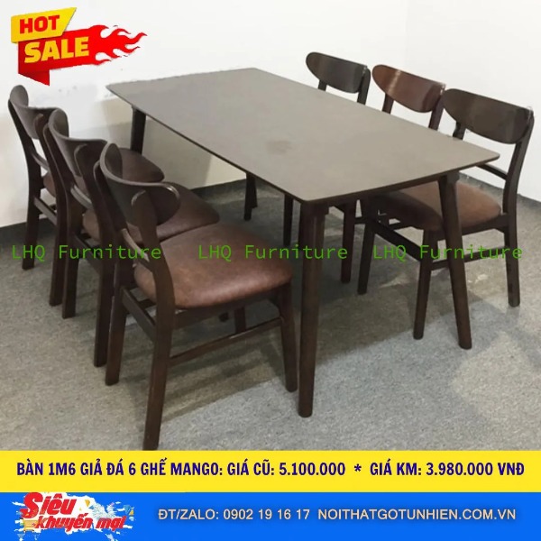 🔥 Siêu sale – Bộ bàn ăn 1m6 + 6 ghế Mango mặt nệm – Chọn màu tự nhiên hoặc walnut – Giá chỉ 3.980.000đ