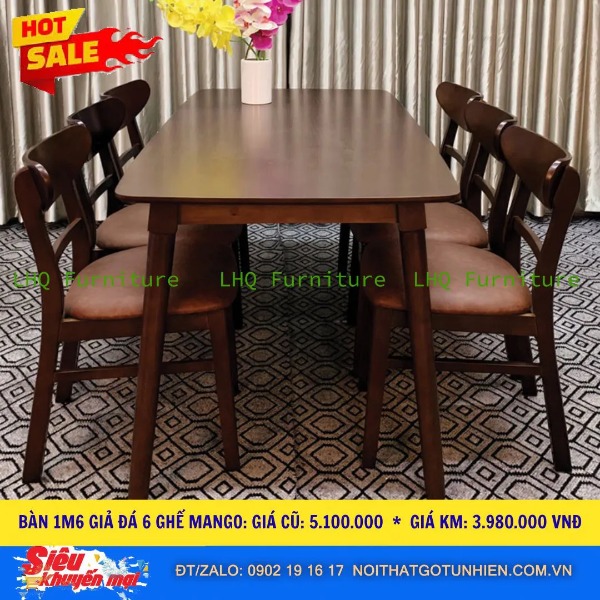 🔥 Siêu sale – Bộ bàn ăn 1m6 + 6 ghế Mango mặt nệm – Chọn màu tự nhiên hoặc walnut – Giá chỉ 3.980.000đ