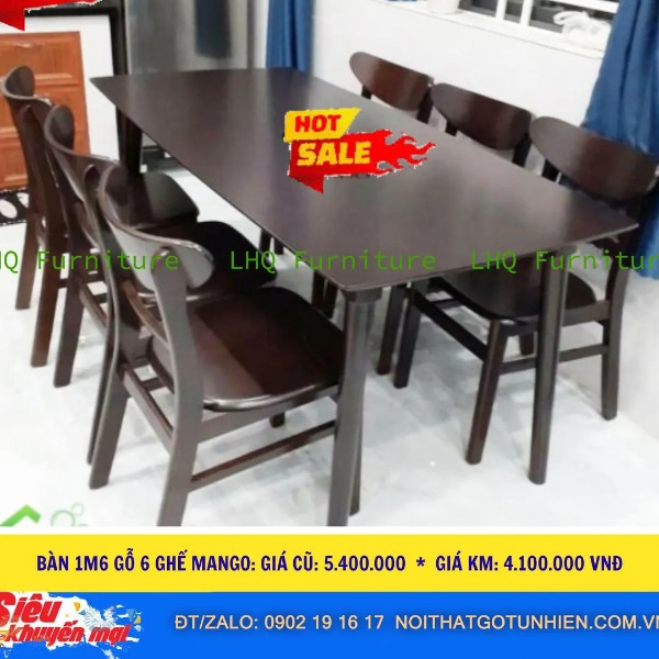 🔥 Siêu sale – Bộ bàn ăn 6 ghế Mango mặt gỗ, bàn 1m6 gỗ cao su tự nhiên sơn màu walnut – Giá chỉ 4.100.000đ