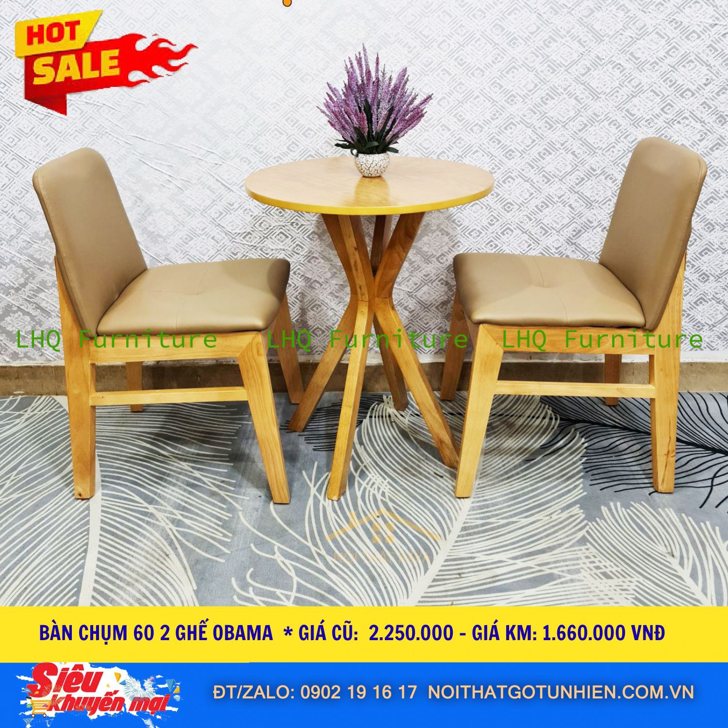 Bàn Chụm 60cm Mặt Tròn + 2 Ghế Obama – Màu Tự Nhiên & Walnut – Giá chỉ 1.660.000đ