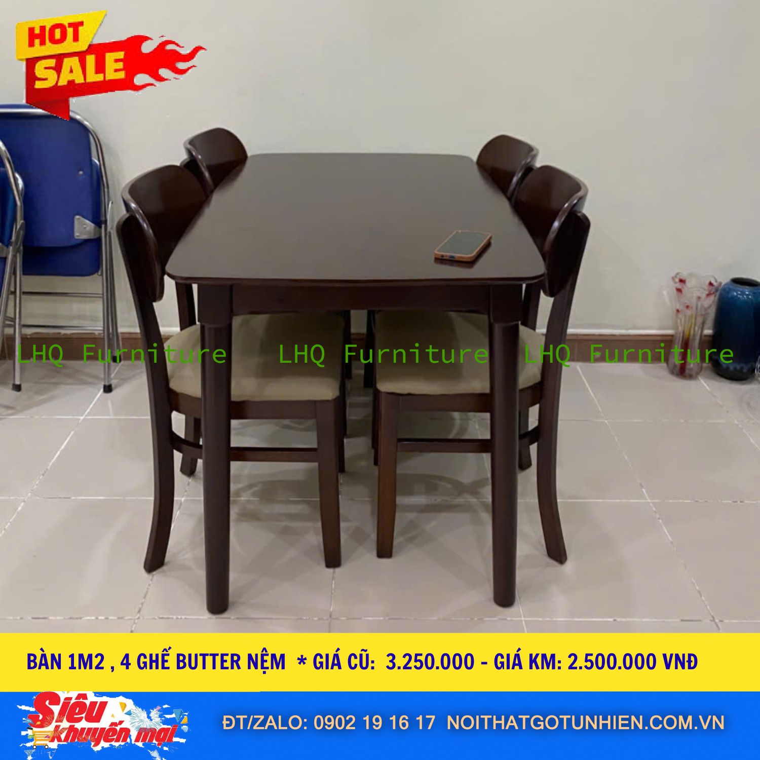 Bộ bàn ăn Butter 4 ghế nệm bàn 1m2 màu Walnut – Giá tốt