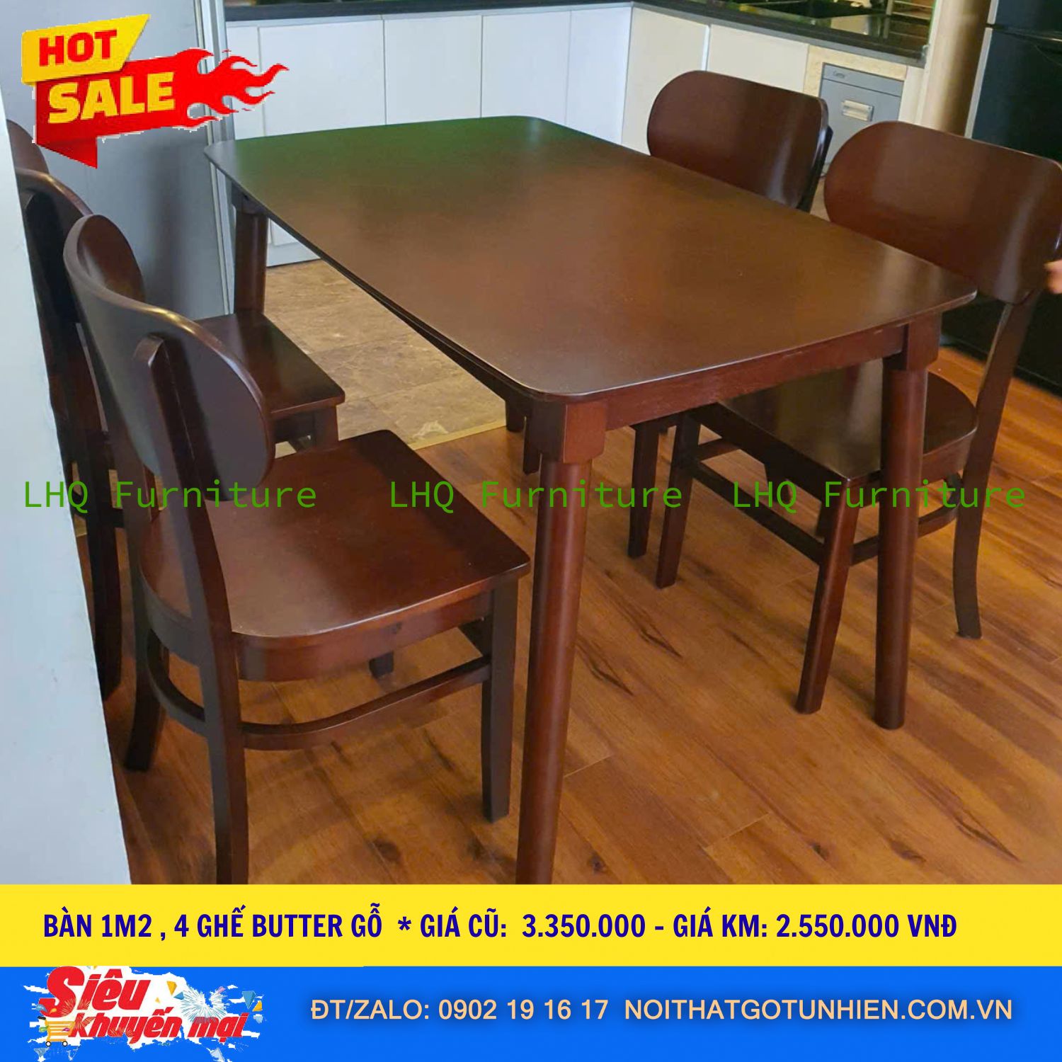 Bộ bàn ăn Butter 4 ghế mặt gỗ, bàn 1m2 mặt gỗ màu Walnut | LHQ Furniture