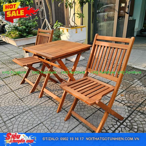 Bộ Bàn Ghế Cafe Xếp Gọn Xuất Khẩu – Gỗ Bạch Đàn Bàn 60x60x73 Ghế Có Cổ