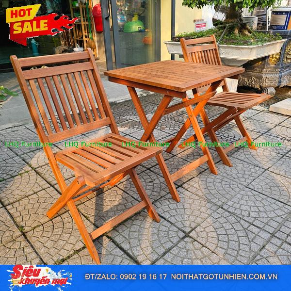 Bộ Bàn Ghế Cafe Xếp Gọn Xuất Khẩu – Gỗ Bạch Đàn Bàn 60x60x73 Ghế Có Cổ