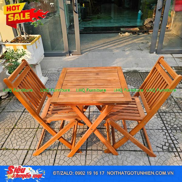 Bộ Bàn Ghế Cafe Xếp Gọn Xuất Khẩu – Gỗ Bạch Đàn Bàn 60x60x73 Ghế Có Cổ