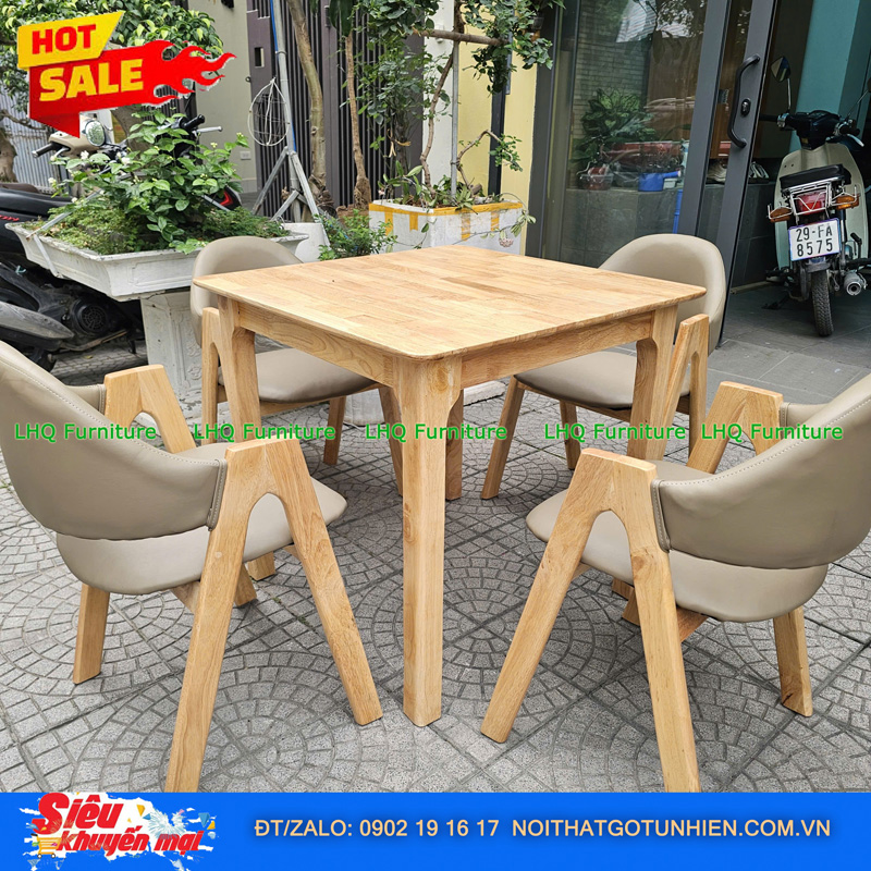 Bộ bàn ăn 4 ghế chữ A bàn vuông 80cm – Gỗ tự nhiên, thiết kế độc đáo cho không gian nhỏ