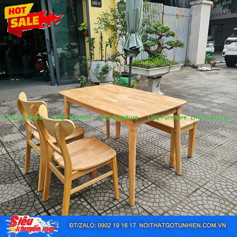 Bộ bàn ăn 1m2 1 ghế bench 2 ghế Mango mặt gỗ – Kết hợp độc đáo, tiết kiệm diện tích