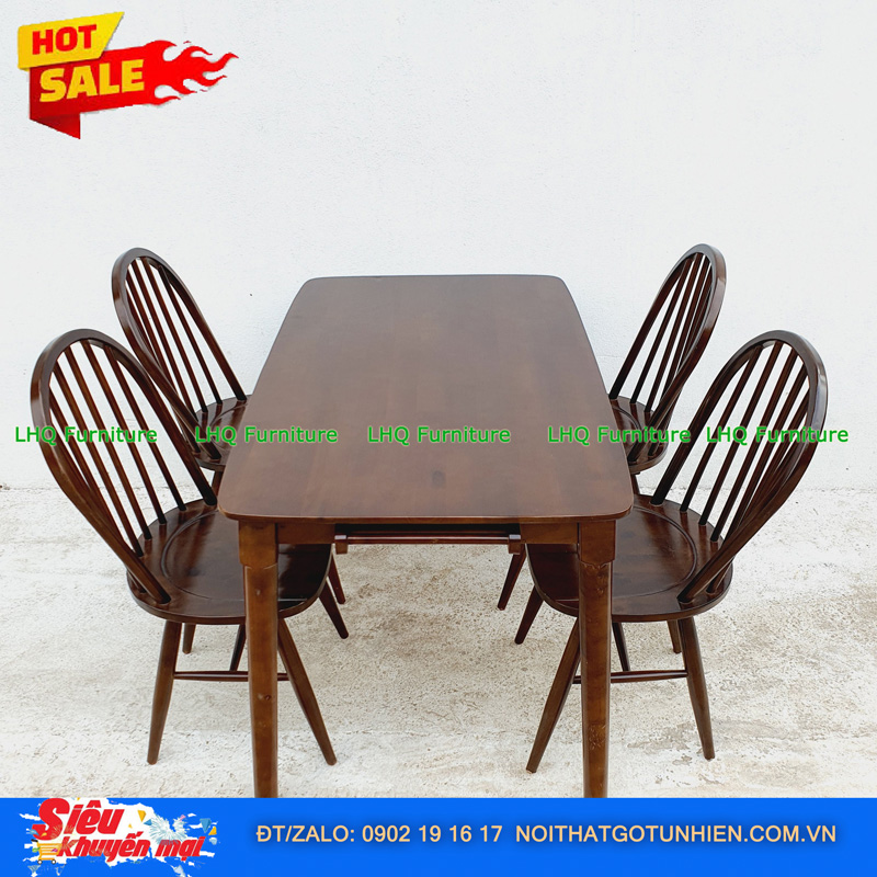 Bộ bàn ăn 1m2 4 ghế 6 nan màu walnut – Sang trọng, thoáng mát, tinh tế cho phòng ăn