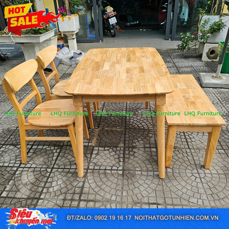 Bộ bàn ăn 1m2 1 ghế bench 2 ghế Mango mặt gỗ – Kết hợp độc đáo, tiết kiệm diện tích