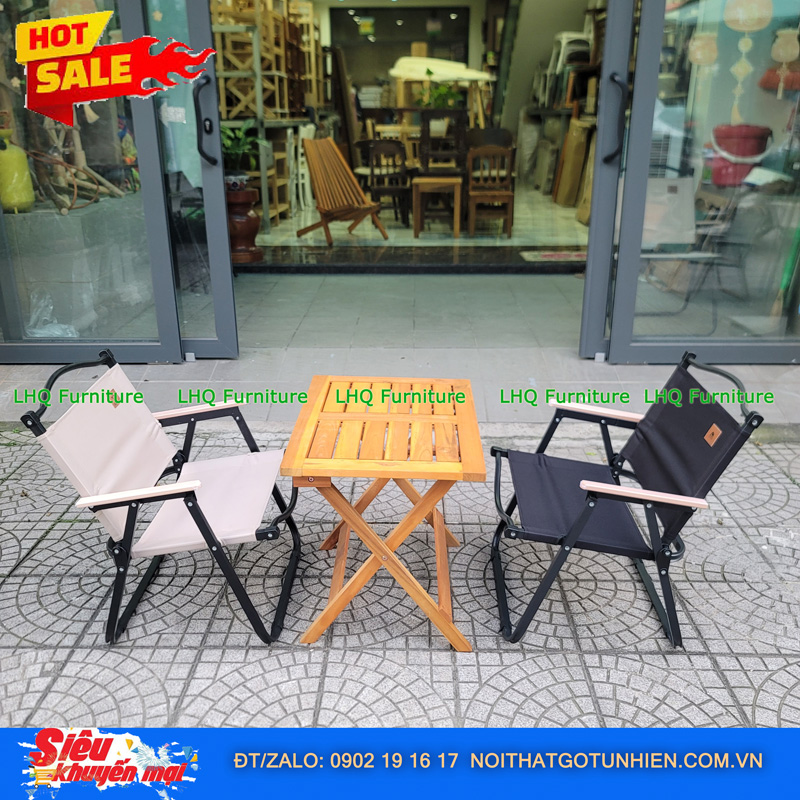 Bàn Chữ Nhật 40x60 Gỗ Tràm Tự Nhiên + 4 Ghế Camping – Bền Đẹp, Sang Trọng, Xếp Gọn