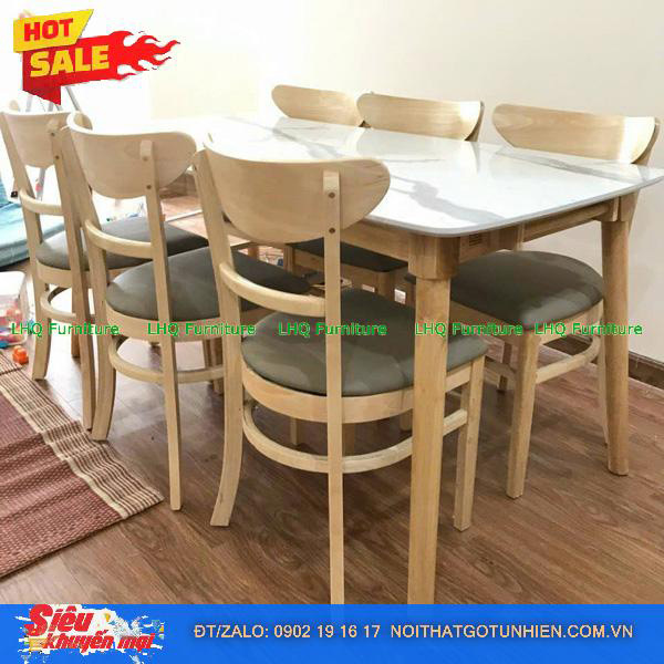 Bộ bàn 1m6 giả đá 6 ghế Panda – Màu tự nhiên và Walnut, ôm lưng, rộng rãi, dễ vệ sinh
