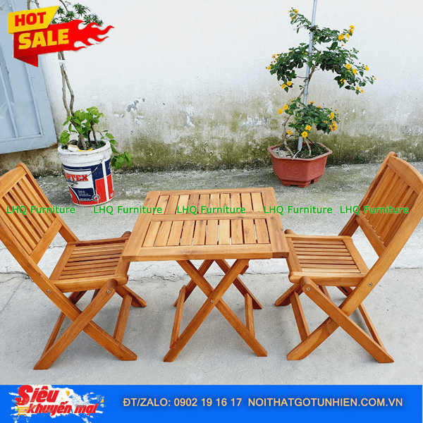Bộ Bàn Ghế Cafe Xếp Gọn Gỗ Tràm – Bàn Vuông 50 Cao 52, Ghế Xếp Xuôi Tiện Lợi