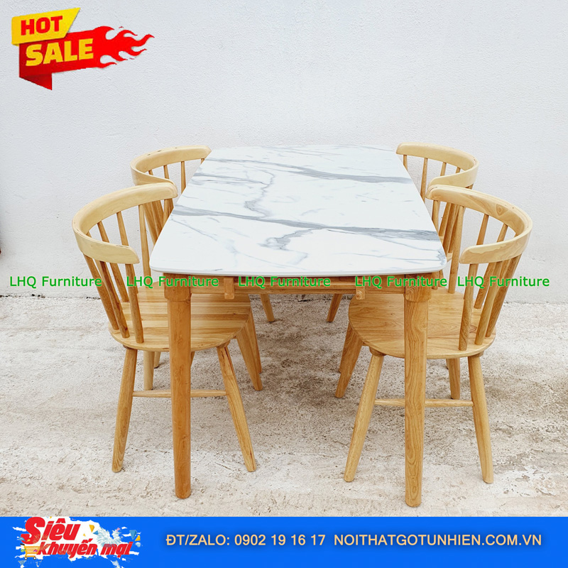Bộ bàn ăn 1m2 4 ghế 9 nan gỗ cao su tự nhiên – Thoáng mát, bền đẹp sang trọng