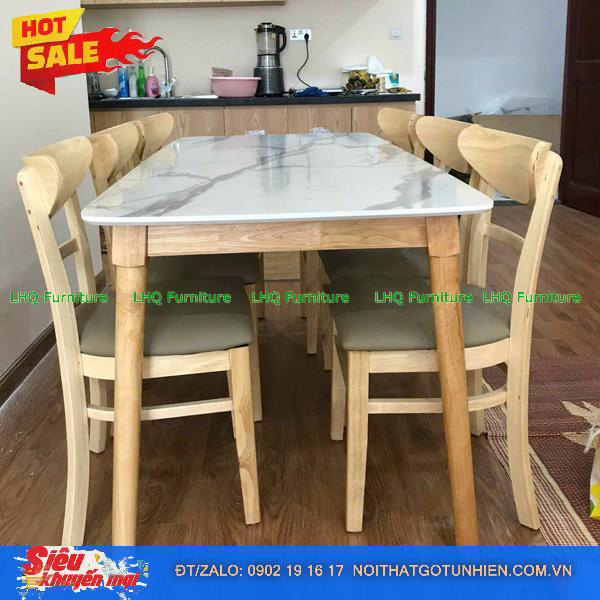 Bộ bàn 1m6 giả đá 6 ghế Panda – Màu tự nhiên và Walnut, ôm lưng, rộng rãi, dễ vệ sinh