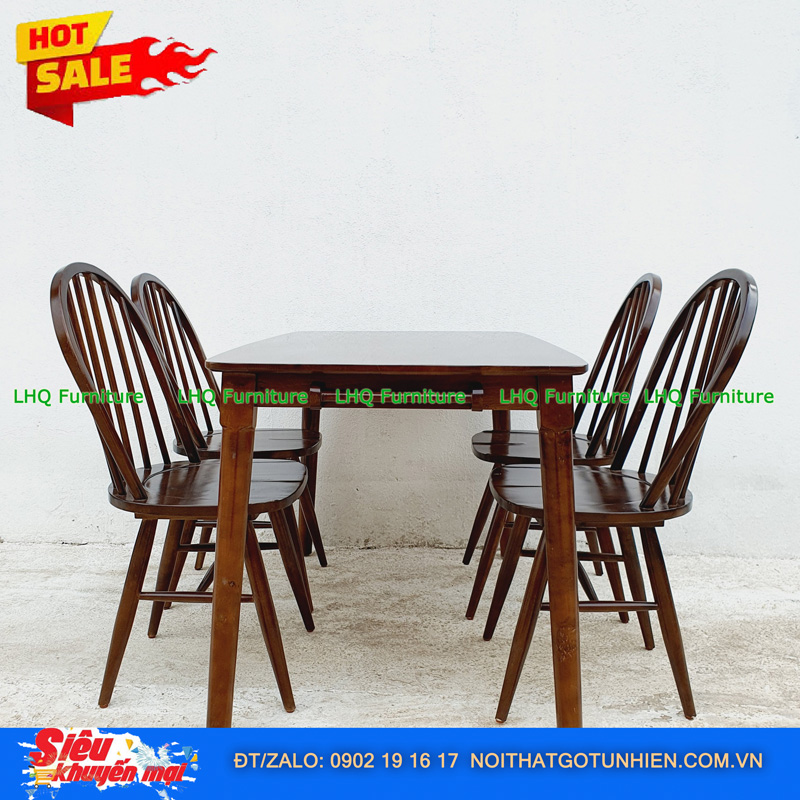 Bộ bàn ăn 1m2 4 ghế 6 nan màu walnut – Sang trọng, thoáng mát, tinh tế cho phòng ăn