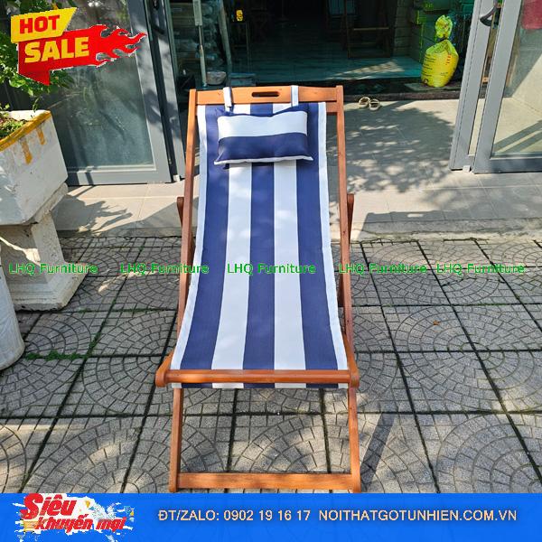 Ghế võng vải xuất khẩu sọc trắng xanh lam có gối tựa, xếp gọn tiện lợi, chắc chắn đa năng