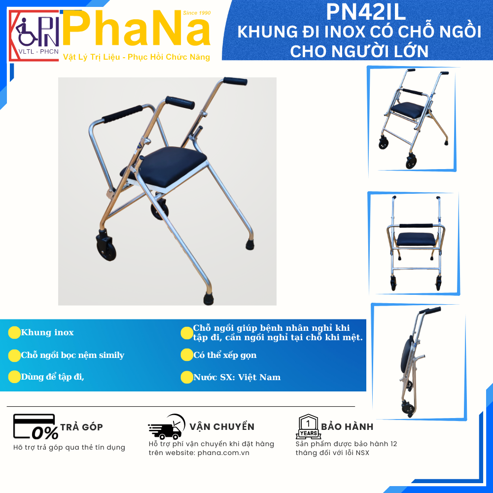 PN42IL - Khung đi inox có chỗ ngồi cho người lớn