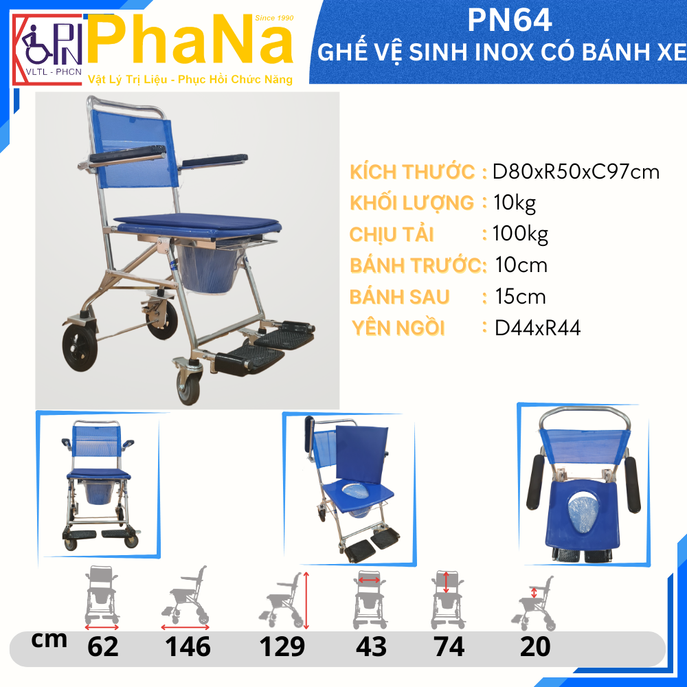 PN64 - Ghế vệ sinh Inox có bánh xe