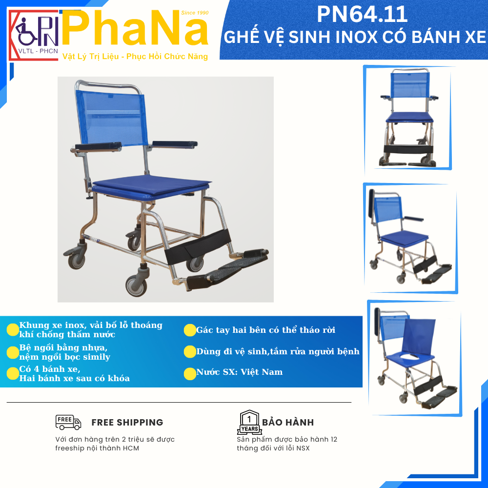 PN64.11 - Ghế vệ sinh inox có bánh xe mẫu 2