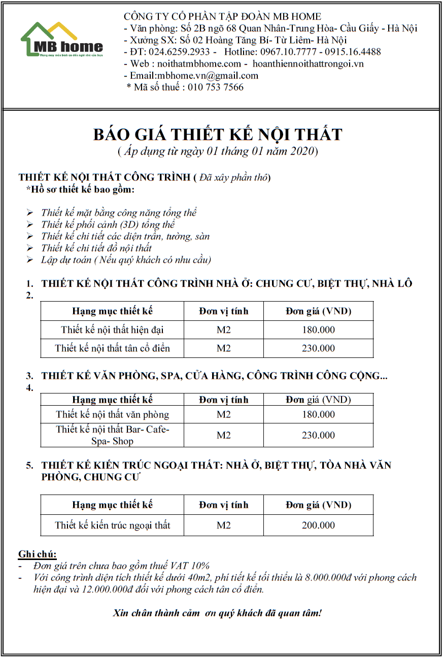 Bảng báo giá thiết kế và thi công nội thất trọn gói năm 2020 uy tín chất  lượng tại tphcm  MỘC SHOP