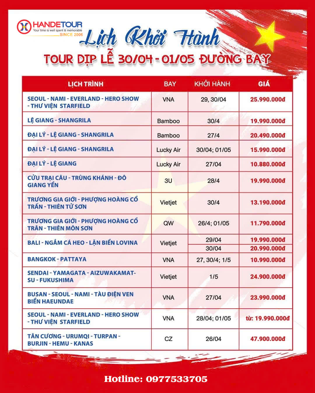 Chùm Tour Quốc Tế dịp Lễ 30-4