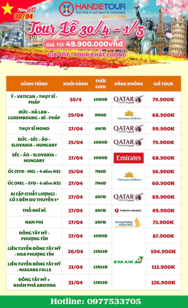 Chùm Tour Du Lịch Quốc Tế 30-04-2025