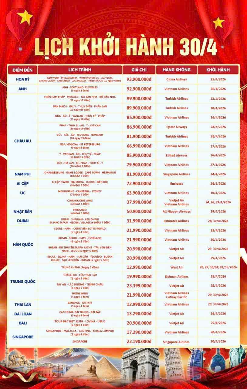 Tour Nước Ngoài Dịp Lễ 30/4/2026
