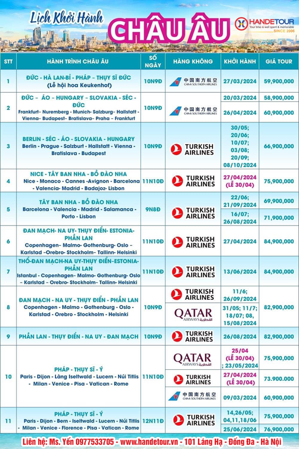 Lịch Khởi Hành và Giá Các Tour Du Lịch Châu Âu 2024