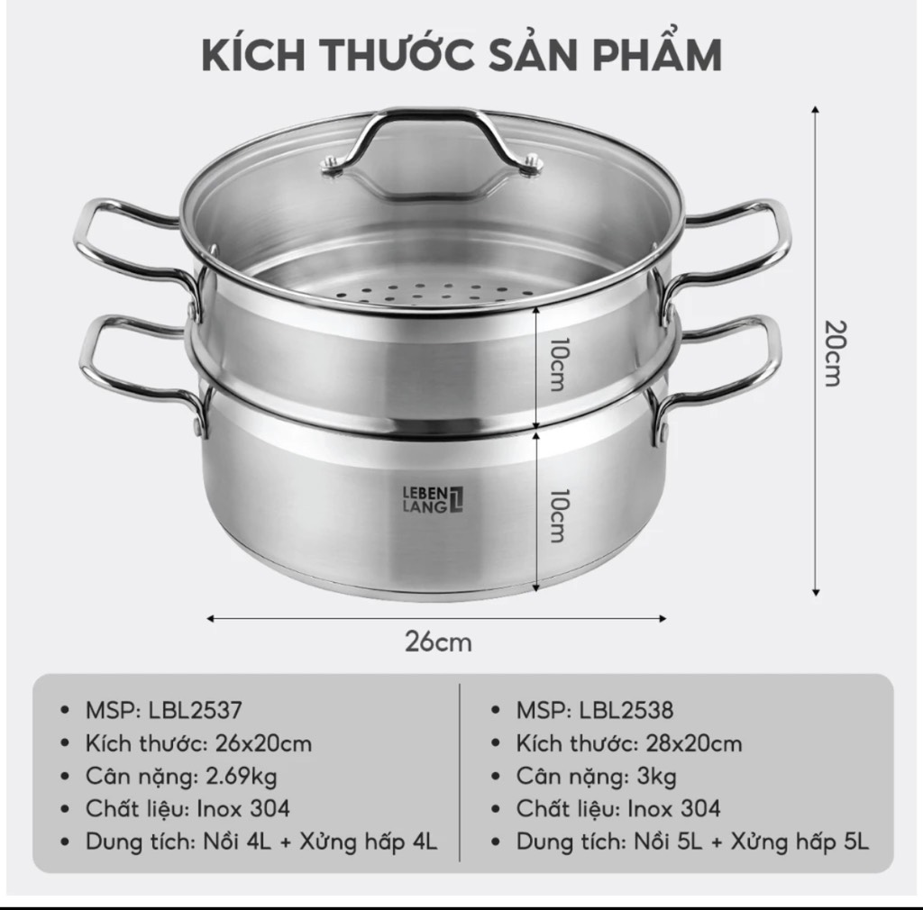 Bộ nồi xửng hấp inox 304 LEBENLANG LBL2537/26cm