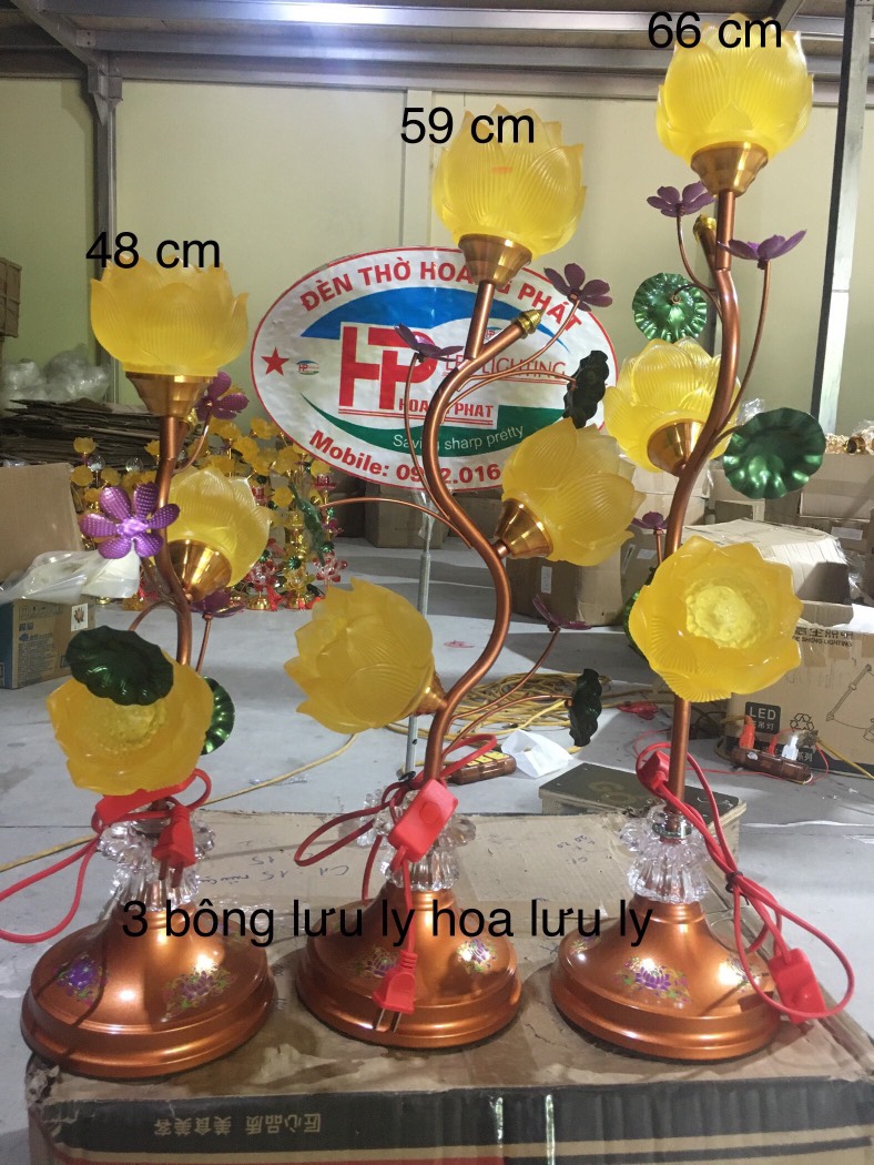 đèn Thờ cành 48cm (3 bông hoa lưu ly) (HP)