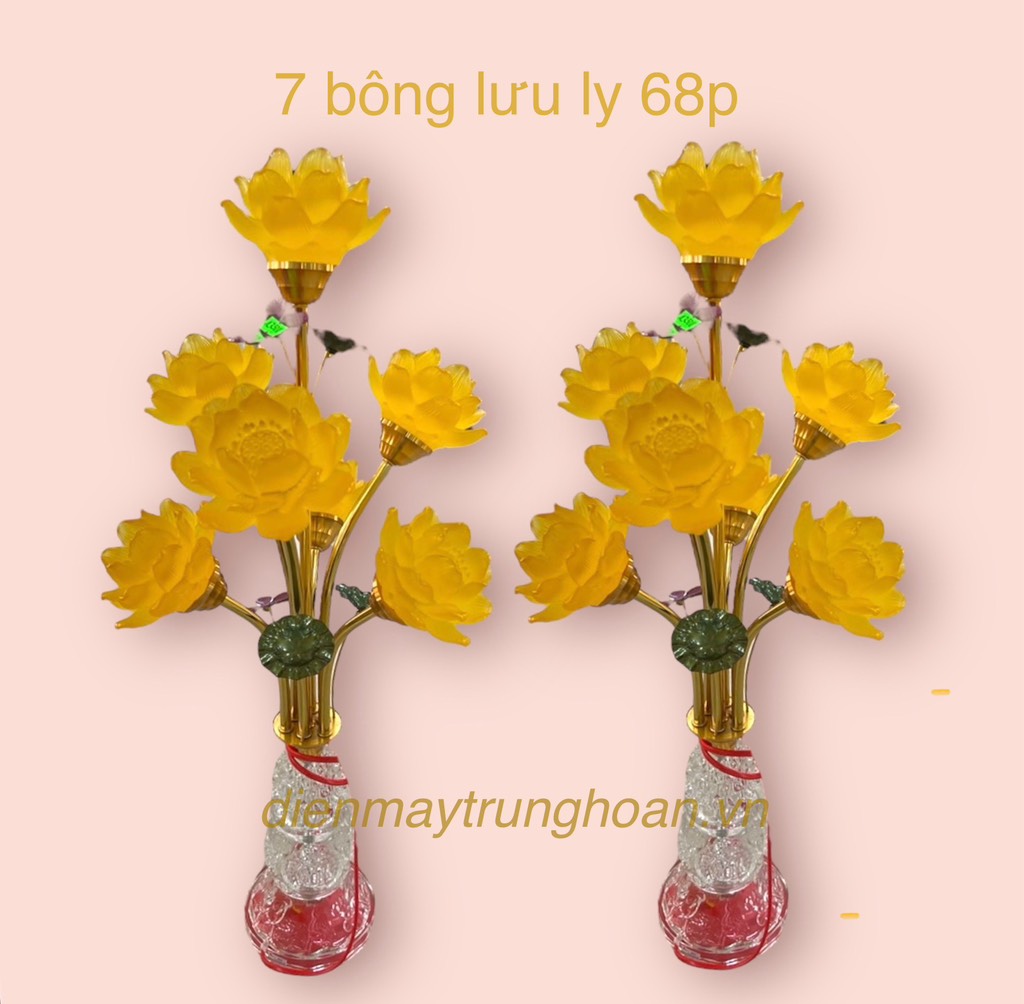 đèn thờ thân thủy tinh 7 bông lưu ly 68p (7 hoa nhựa)