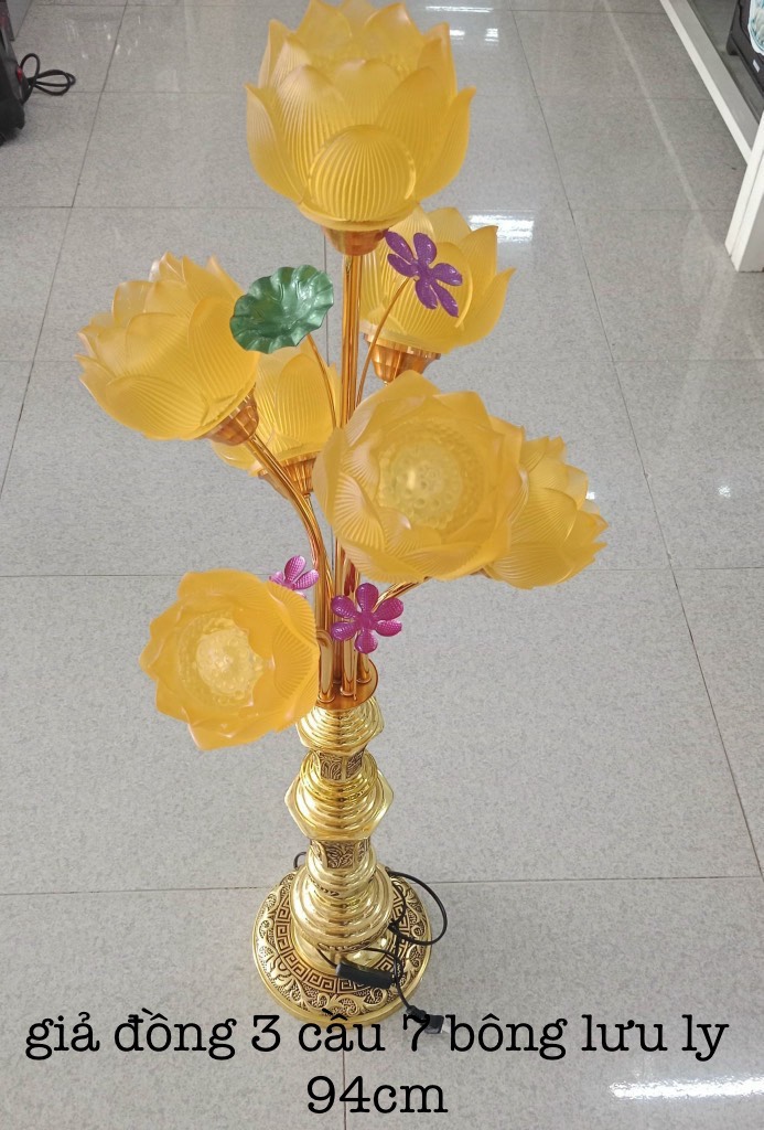 đèn thờ giả đồng 3 cầu 7 bông lưu ly 94cm