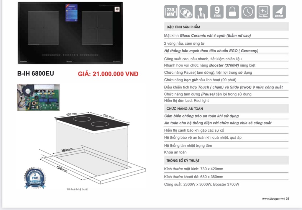 Bếp điện từ Blueger IH6800EU, kính schott,mâm EGO,2300Wx3000W, booster 3700W, hàng xuất châu âu