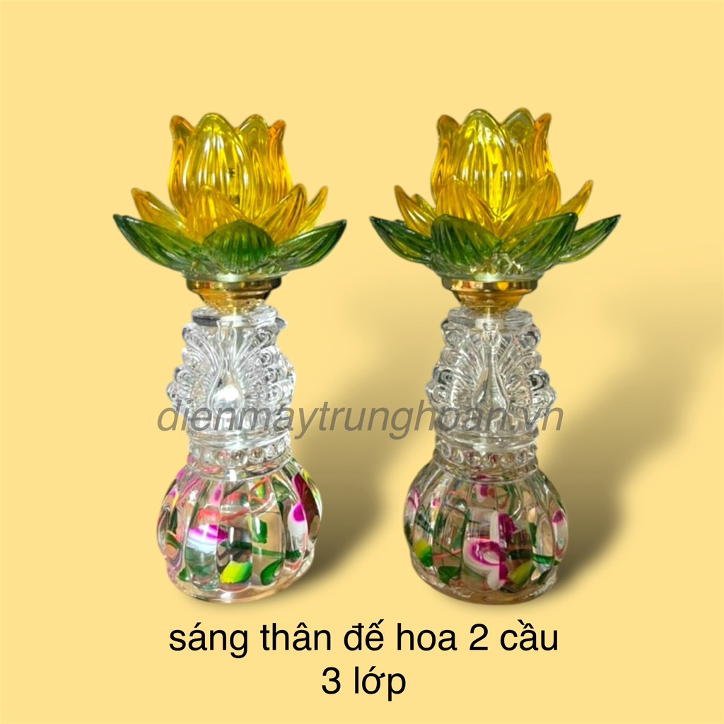 đèn thờ 1 bông sáng thân đế hoa 2 cầu 3 lớp (chao thuỷ tinh hoa lưu ly) (hp)